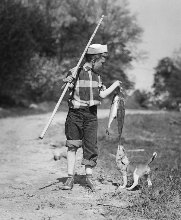 1950s SMILING BOY STRAW HAT HOLDING FISHING POLE WEARING PLAID SHIRT BLUE  JEANS - Stock Photo - Masterfile - Rights-Managed, Artist: ClassicStock,  Code: 846-05646631