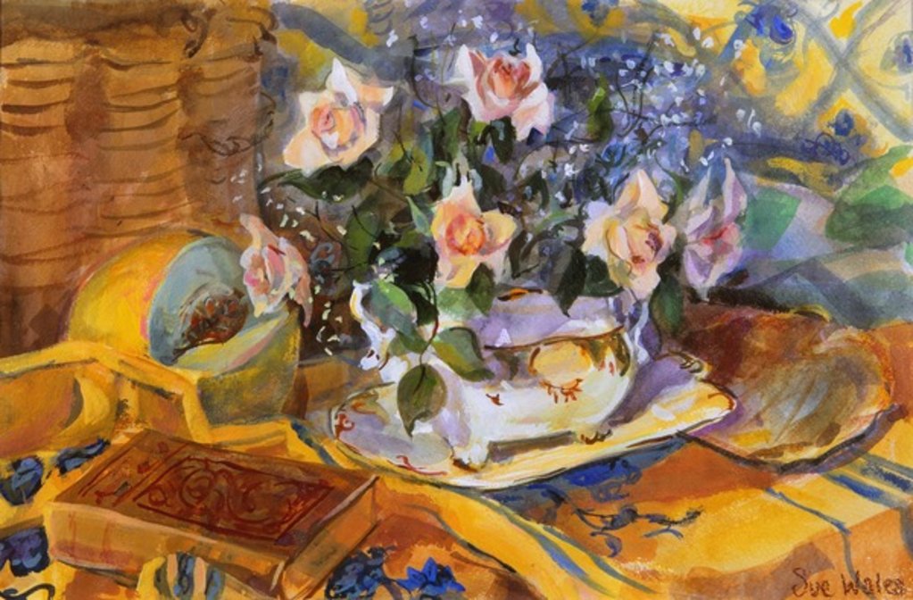 Detail of Pink roses in Gaye's dish, 1995 by Sue Wales