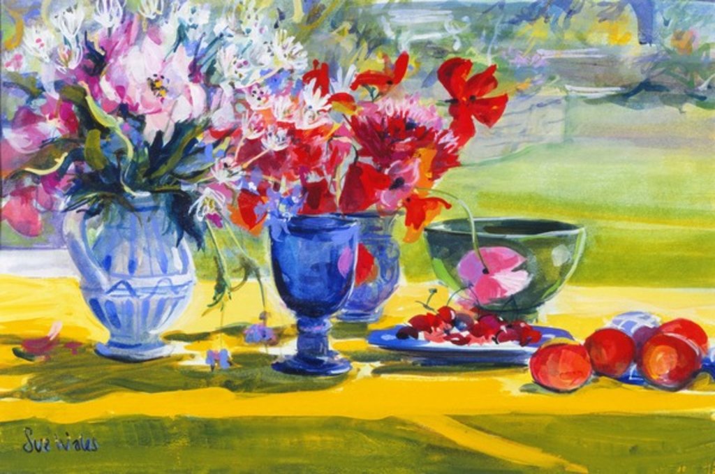 Detail of Midsummer flowers on garden table, 1993 by Sue Wales