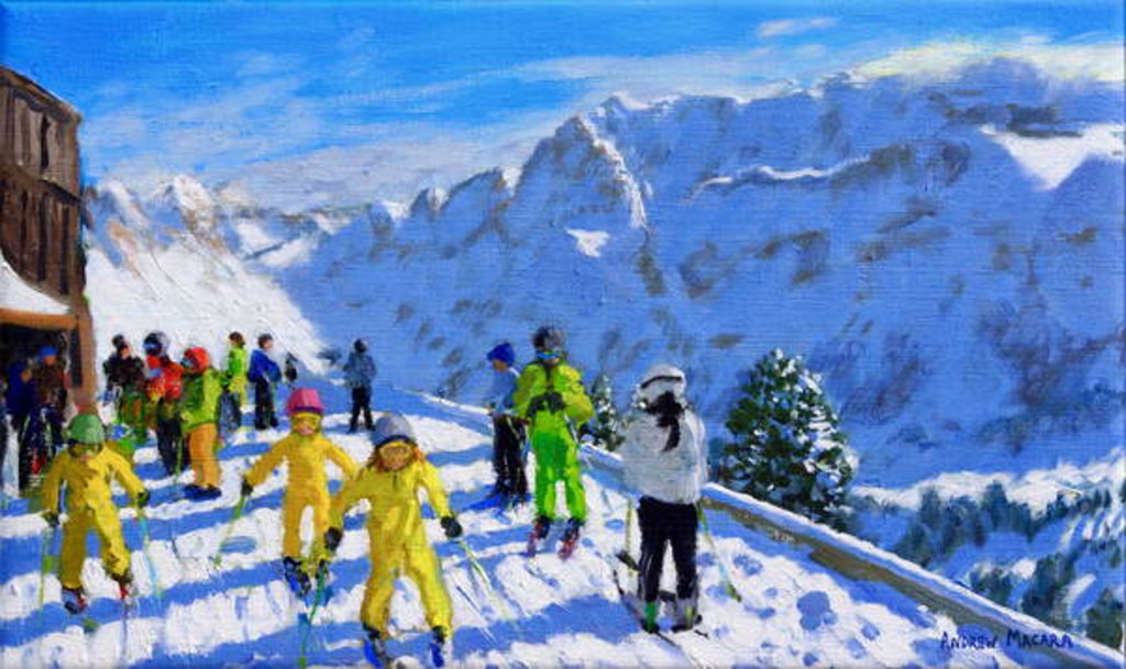 Detail of Young skiers in yellow, Val Gardena Italy, 2018 by Andrew Macara