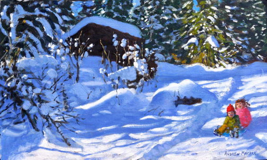 Detail of Two on a sledge, The Orchard, Morzine, 2019 by Andrew Macara