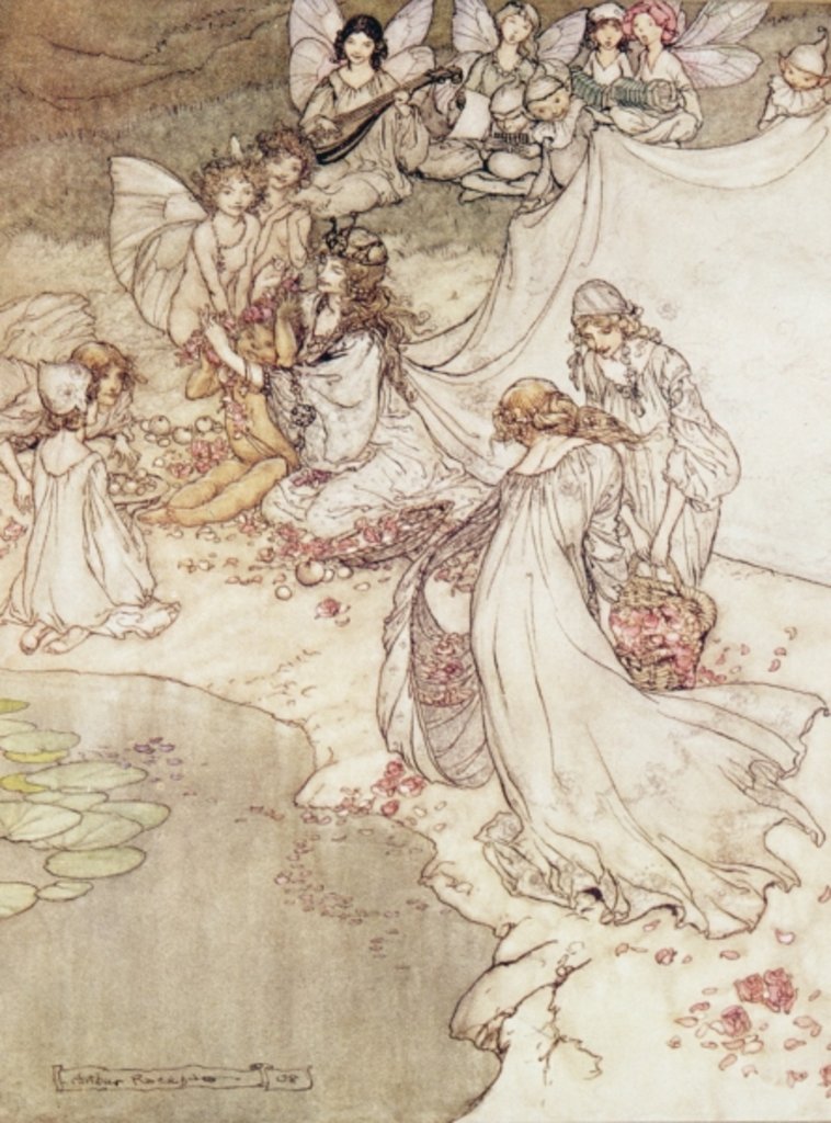 Detail of Illustration for a Fairy Tale, Fairy Queen Covering a Child with Blossom by Arthur Rackham