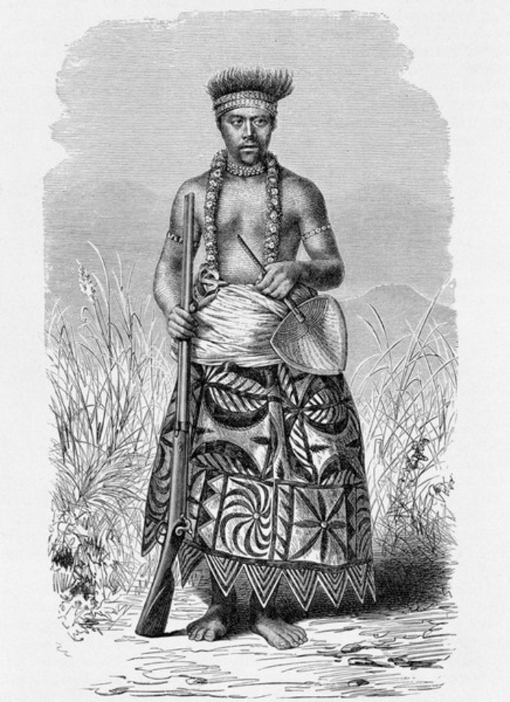 Detail of Samoan warrior in tapa clothing by English School