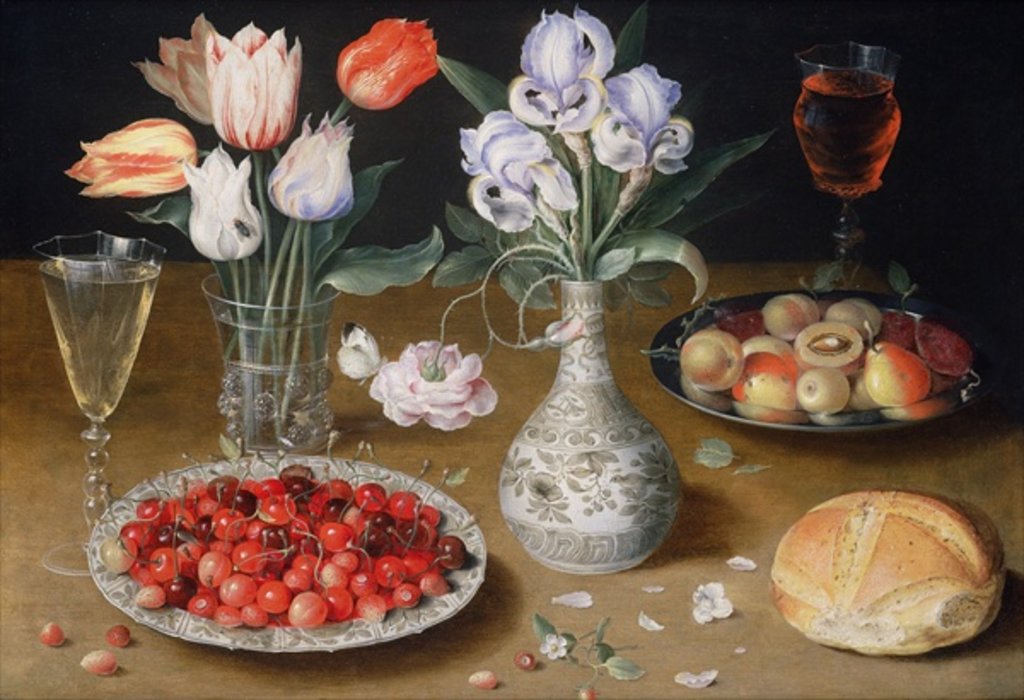 Detail of Still life with Lilies, Roses, Tulips, Cherries and Wild Strawberries by Osias the Elder Beert