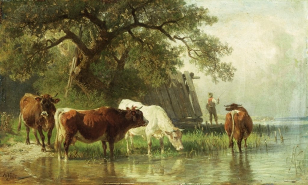 Detail of Cattle Watering in a River Landscape, 1881 by Friedrich Johann Voltz