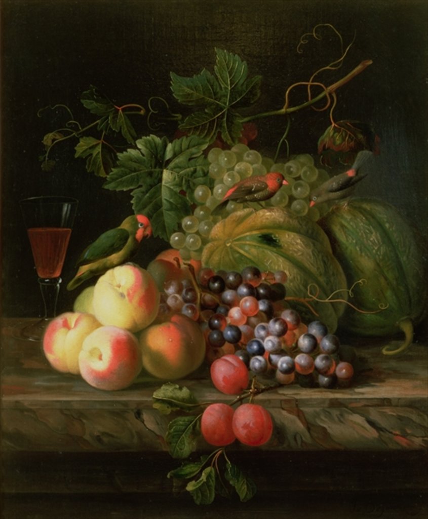 Detail of Still life of fruit on a ledge with Parakeets by Jakob Bogdani or Bogdany