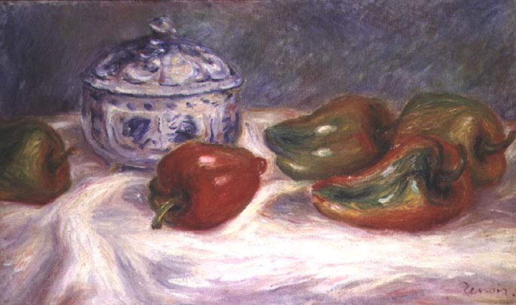 Detail of Still life with a sugar bowl and red peppers, c.1905 by Pierre Auguste Renoir