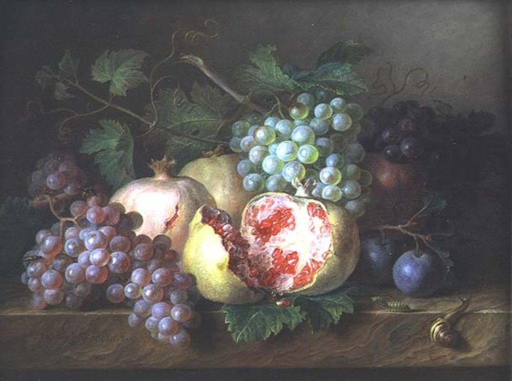 Detail of Still life of pomegranates, grapes and plums on a marble ledge by Cornelis van Spaendonck