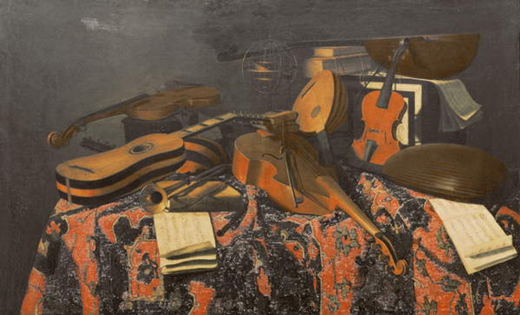 Detail of Still life with musical instruments by Evaristo Baschenis