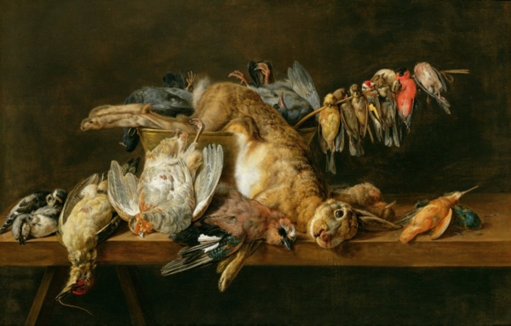 Detail of Still life of dead birds and a hare on a table, 1647 by Adriaen van Utrecht