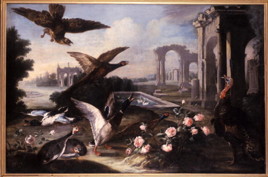 Detail of Imaginery landscape with ruins, hawks, turkeys and ducks by German School