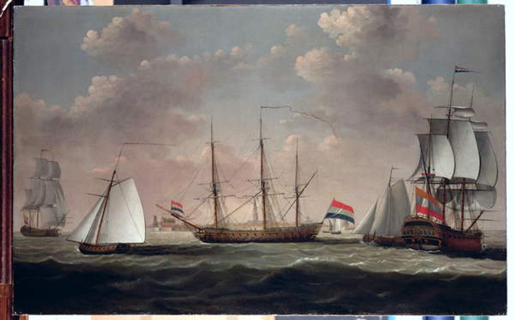 Detail of The East Indiaman 't Slot ter Hooge' and other shipping in a brisk breeze off a Dutch port, possibly Flushing by Engel Hoogerheyden