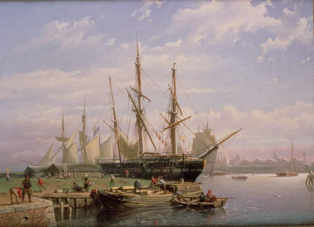 Detail of Dutch Sailing Ships at Anchor in a River Estuary by Johan Adolph Rust