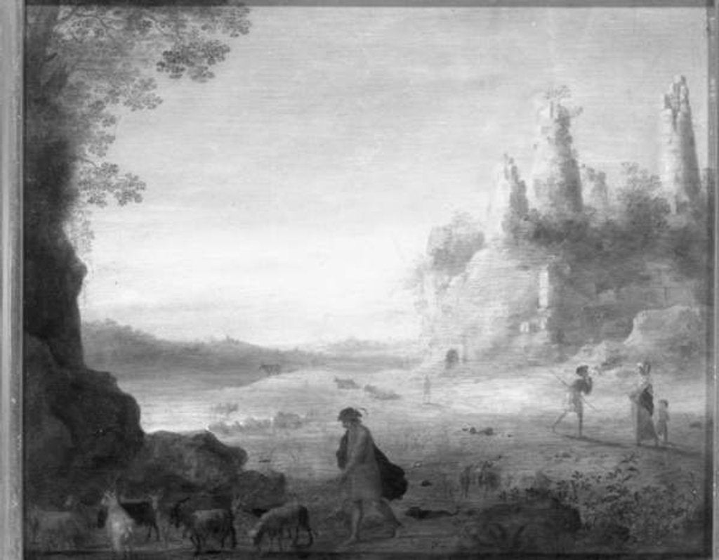 Detail of Italianate landscape with Diana and Callisto with a goatherd near a ruined castle by Cornelis van Poelenburgh or Poelenburch