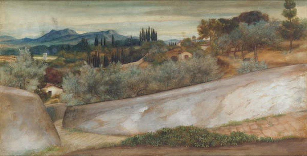 Detail of A Tuscan landscape with village and olive grove by John Roddam Spencer Stanhope