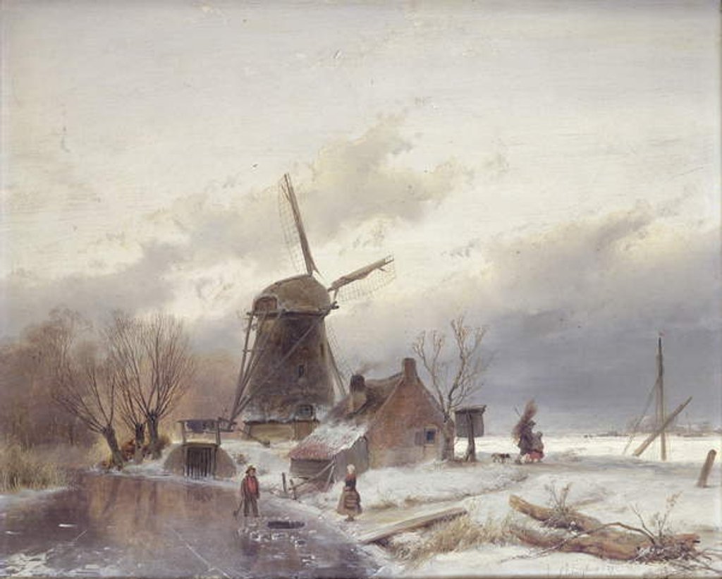 Detail of A Frozen River Landscape with a Windmill by Andreas Schelfhout