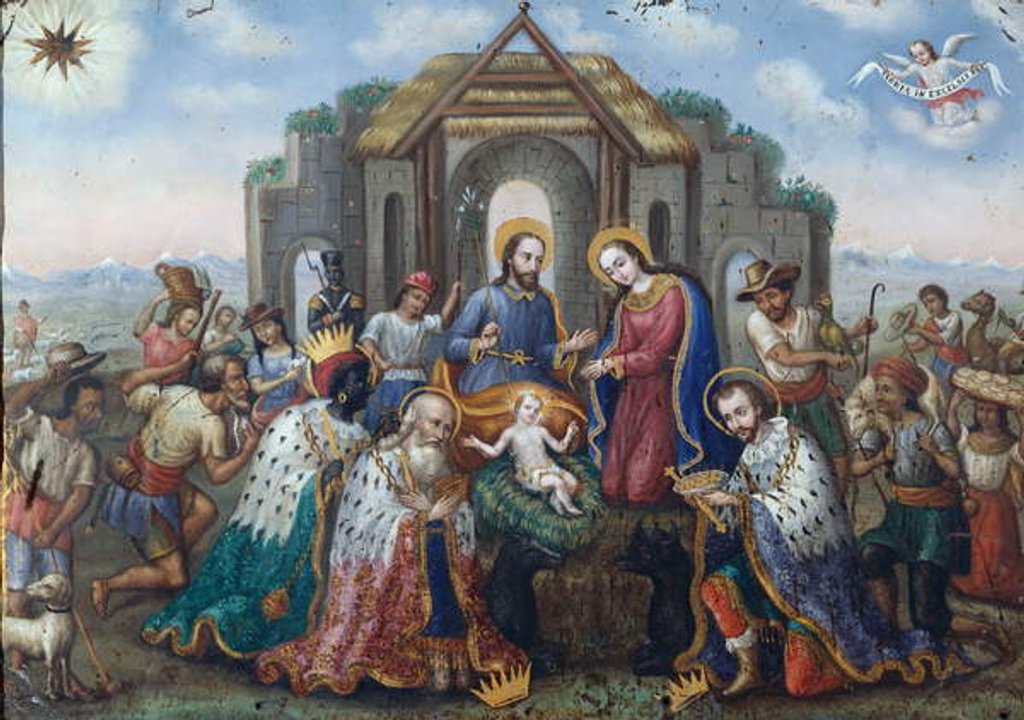 Detail of The Nativity with the Adoration of the Magi and Shepherds, an Andean Landscape Beyond by School Peruvian