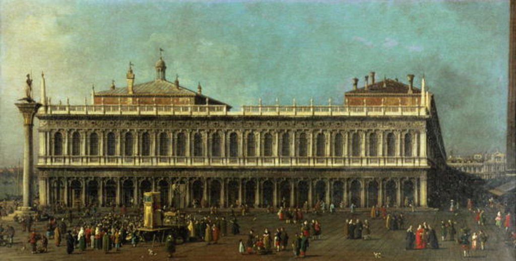 Detail of The Library and the Piazzetta, Venice, Looking West with Numerous Figures and a Puppet Show, c.1740 by Canaletto