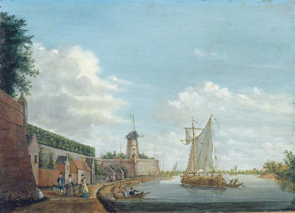 Detail of A river landscape with elegant townsfolk promenading by a city wall, c.1776 by Jordanus Hoorn