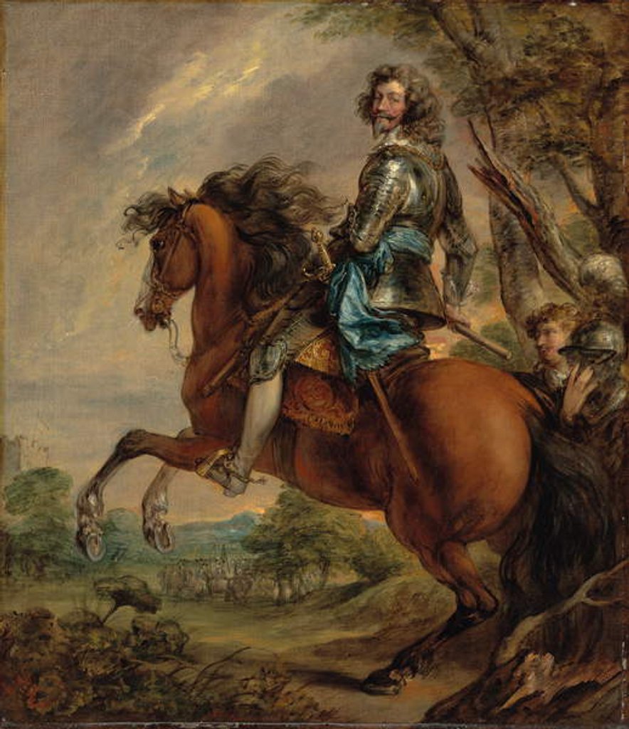 Detail of Equestrian portrait of Albert, duc d'Arenberg, prince of Barbonçon, in armour, with a blue sash, in a wooded landscape, a battlefield beyond by Thomas Gainsborough