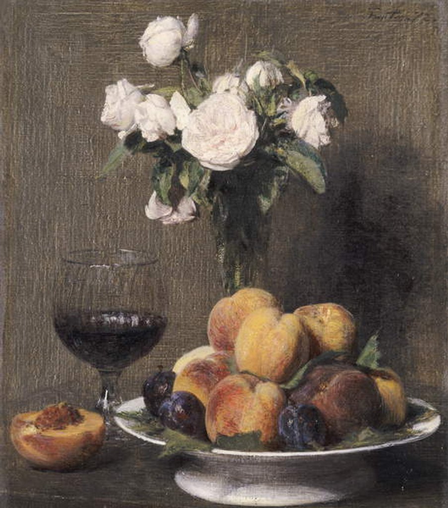 Detail of Still life with roses, fruit and a glass of wine, 1872 by Ignace Henri Jean Fantin-Latour