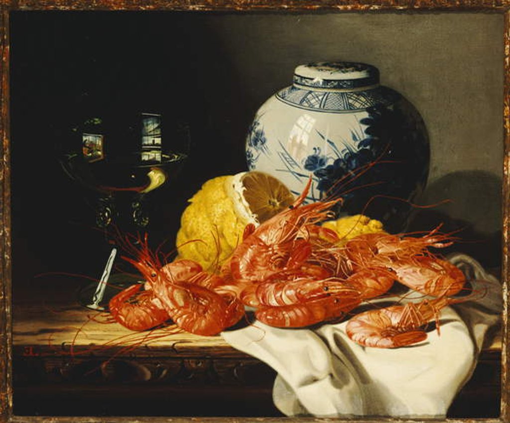 Detail of Shrimps, a peeled lemon, a glass of wine and a blue and white ginger jar on a draped table by Edward Ladell