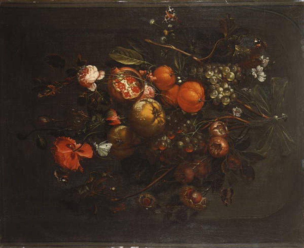 Detail of A Bouquet of Fruit and Flowers hanging from a Nail in a Niche by Cornelis de Heem