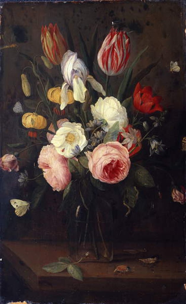 Detail of Roses, Tulips and other Flowers in a Glass Vase, with Insects, on a Table by Jan van the Elder Kessel