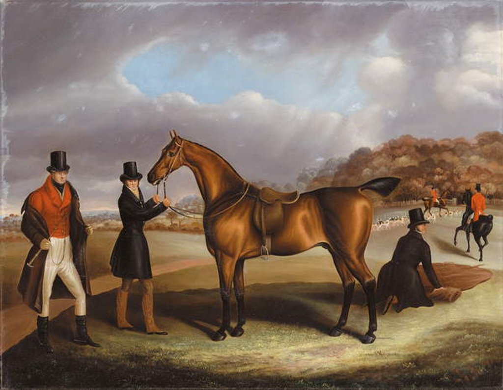 Detail of Lord George Bentinck with his favourite hunter, and grooms, in a landscape with a hunt beyond by Samuel Spode