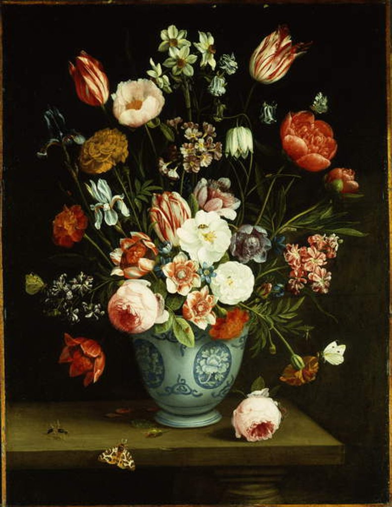 Detail of Flowers in a blue and white porcelain vase, with moths and other insects on a ledge by Jan van the Elder Kessel