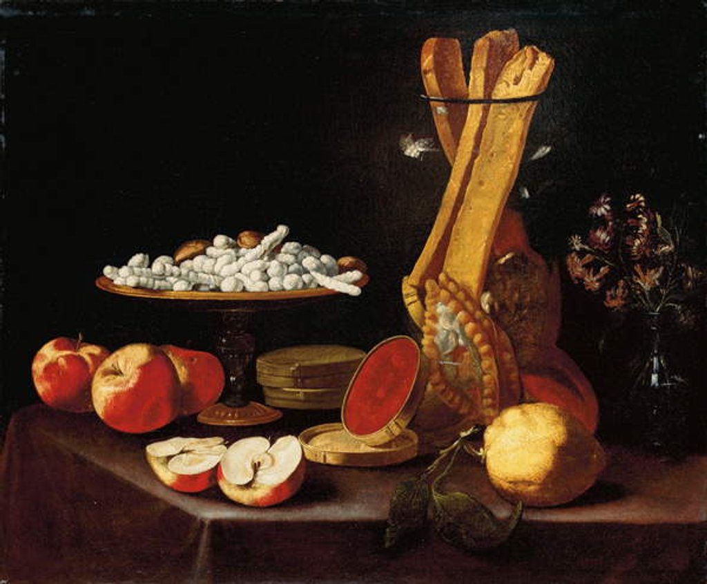 Detail of Sweets on a tazza, narcissi in a glass vase, breadsticks in a jar, and apples, jelly and a lemon on a draped table by Paolo Antonio Barbieri