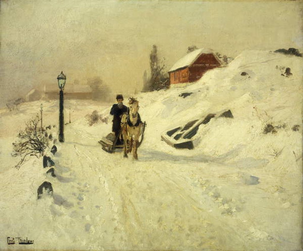 Detail of A horse-drawn sleigh in a winter landscape by Fritz Thaulow