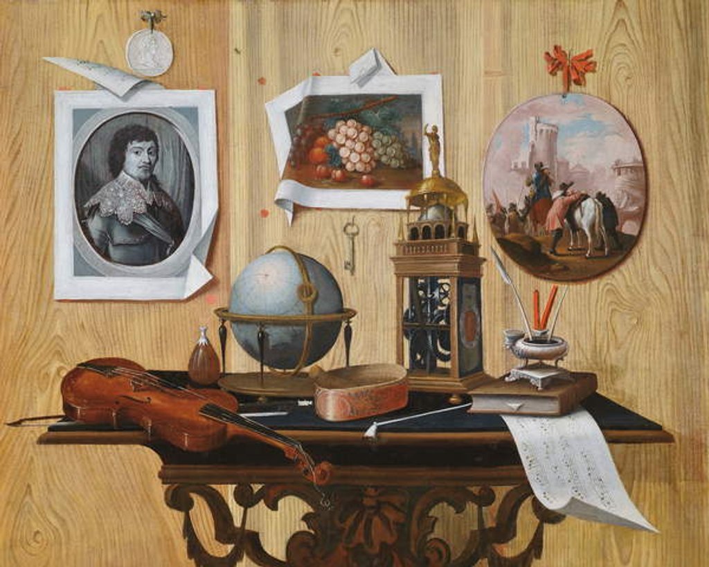 Detail of Trompe l'oeil of a print and two paintings, a key, a violin, a globe, a clock, a sheet of music and other objects on a table by Antonio Mara