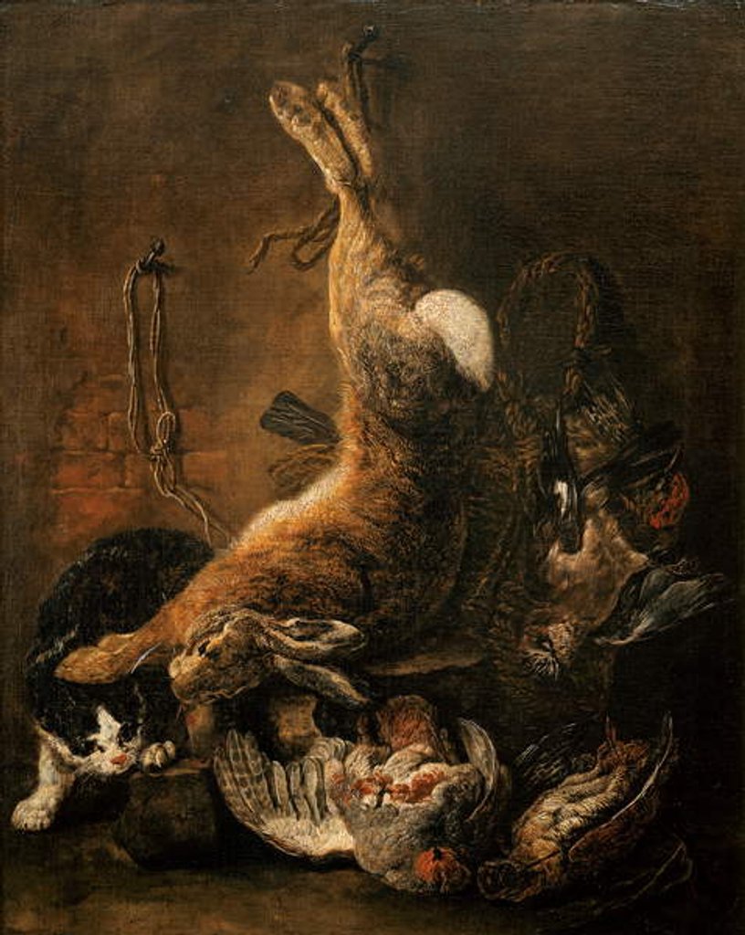 Detail of A hare, pigeons and other game with a cat by Jan Fyt