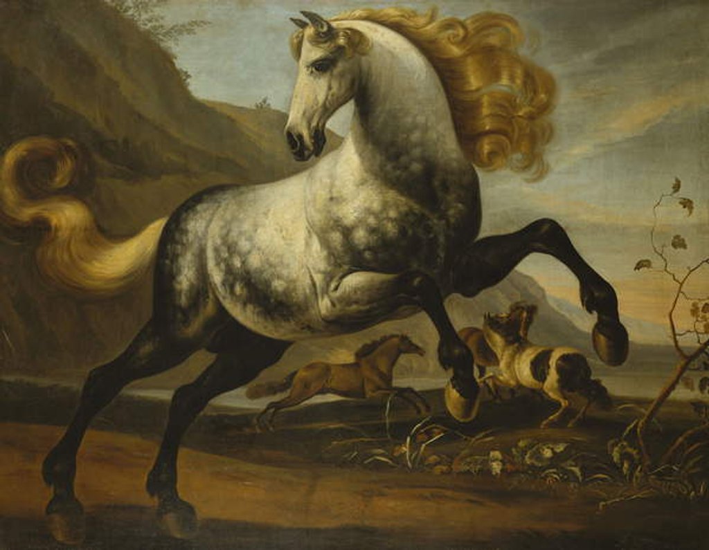 Detail of A Grey Prancing Stallion with Flowing Mane with Stallions Fighting in a Rocky Landscape, by English School