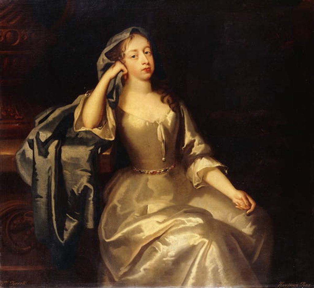 Detail of Portrait of Mrs. Tyrell, three-quarter-length, in a white satin dress and blue shawl, her right arm resting on a plinth, a landscape beyond, by Jacob Huysmans