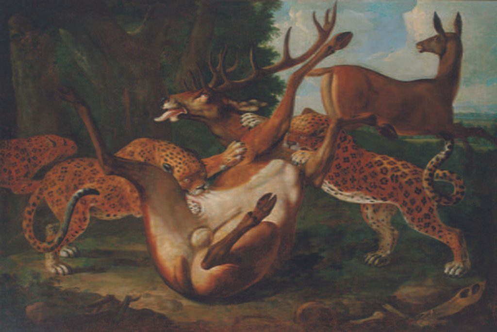 Detail of Leopards attacking deer in a landscape by Carl Borromaus Andreas Ruthart