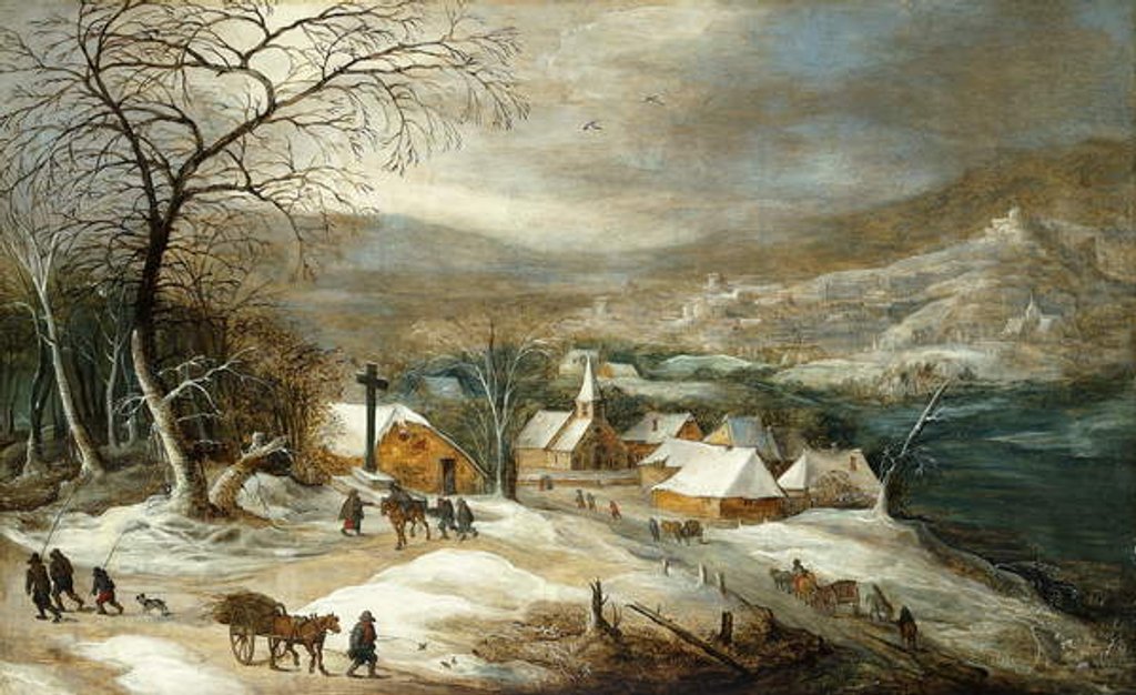 Detail of A Winter Landscape, with Figures on a Road by a Village, by Joos or Josse de The Younger Momper