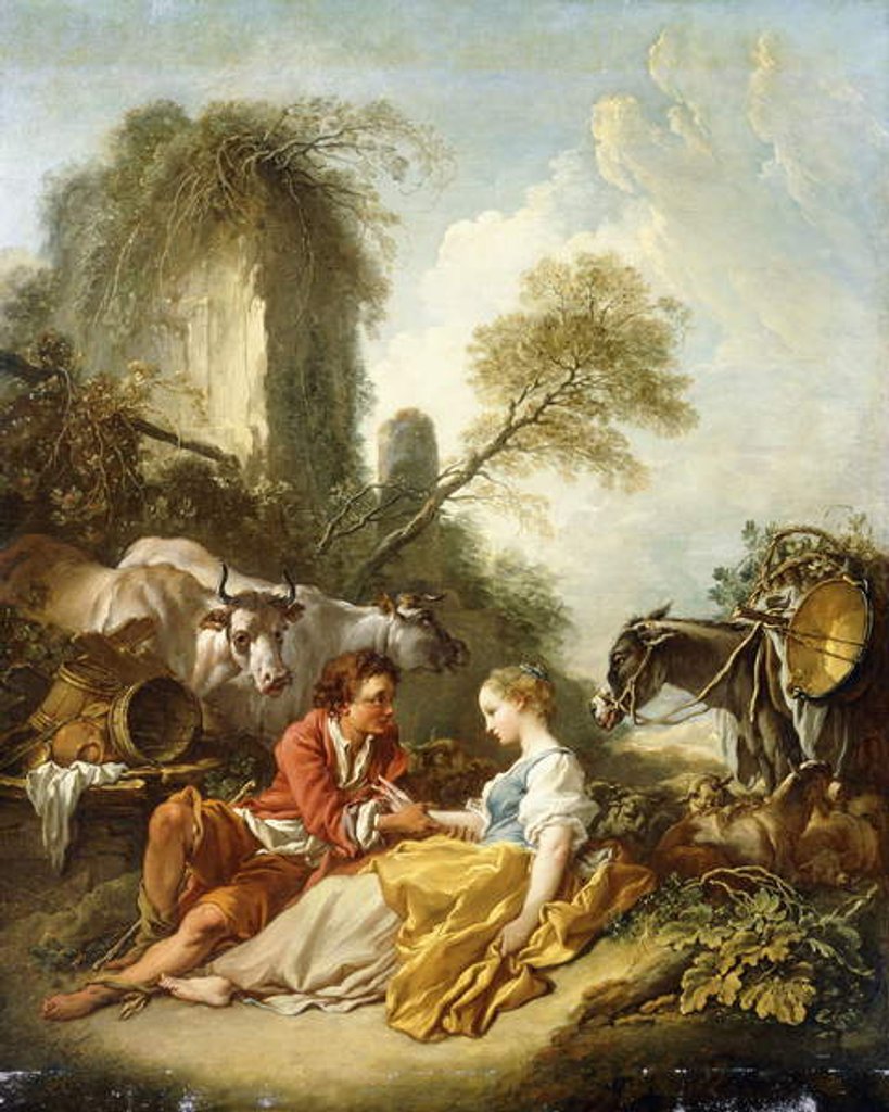 Detail of A Pastoral Landscape with a Shepherd and Shepherdess seated by Ruins, by Francois Boucher