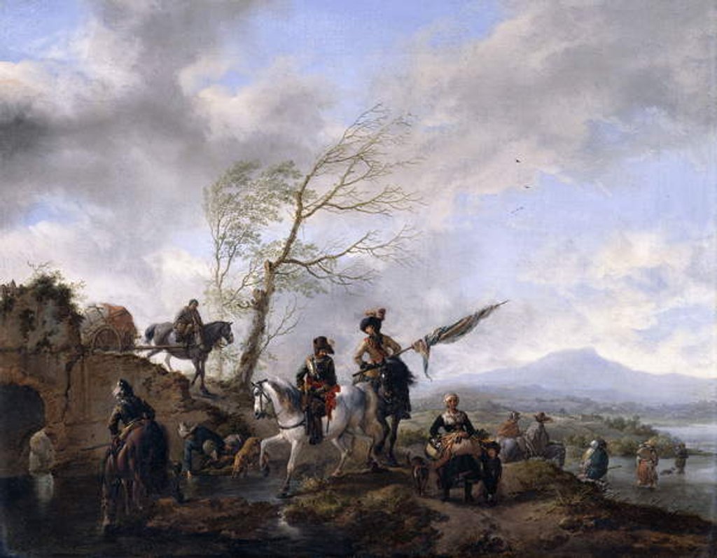 Detail of An Extensive River Landscape with Soldiers and a Standard Bearer Watering their Horses, by Philips Wouwermans or Wouwerman