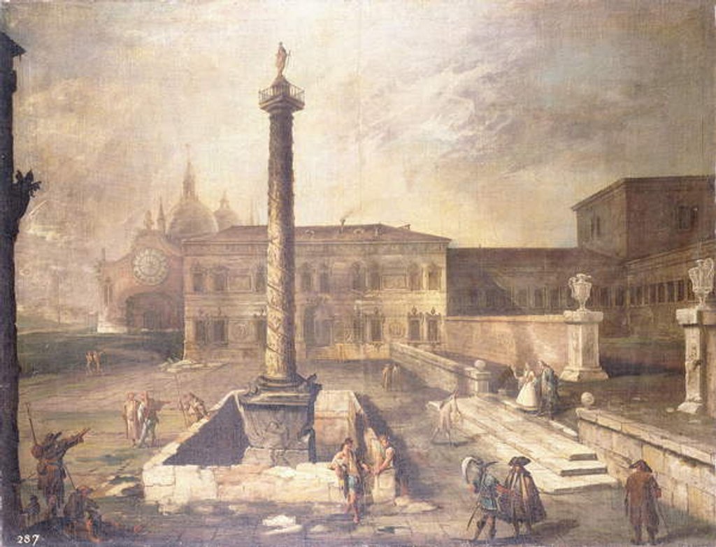 Detail of A Capriccio of a Piazza in front of a Palace with the Column of Marcus Aurelius, by Canaletto