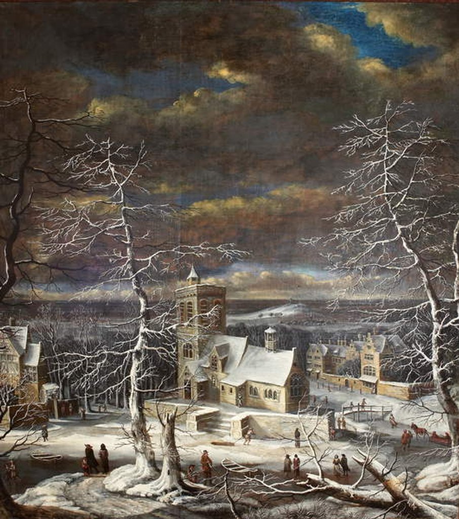 Detail of A village in winter in an extensive landscape with figures on the ice by Gerard van Edema