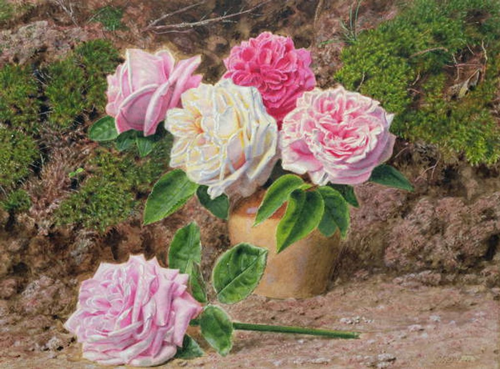 Detail of Roses in an Earthenware Vase by a Mossy Bank by John Sherrin