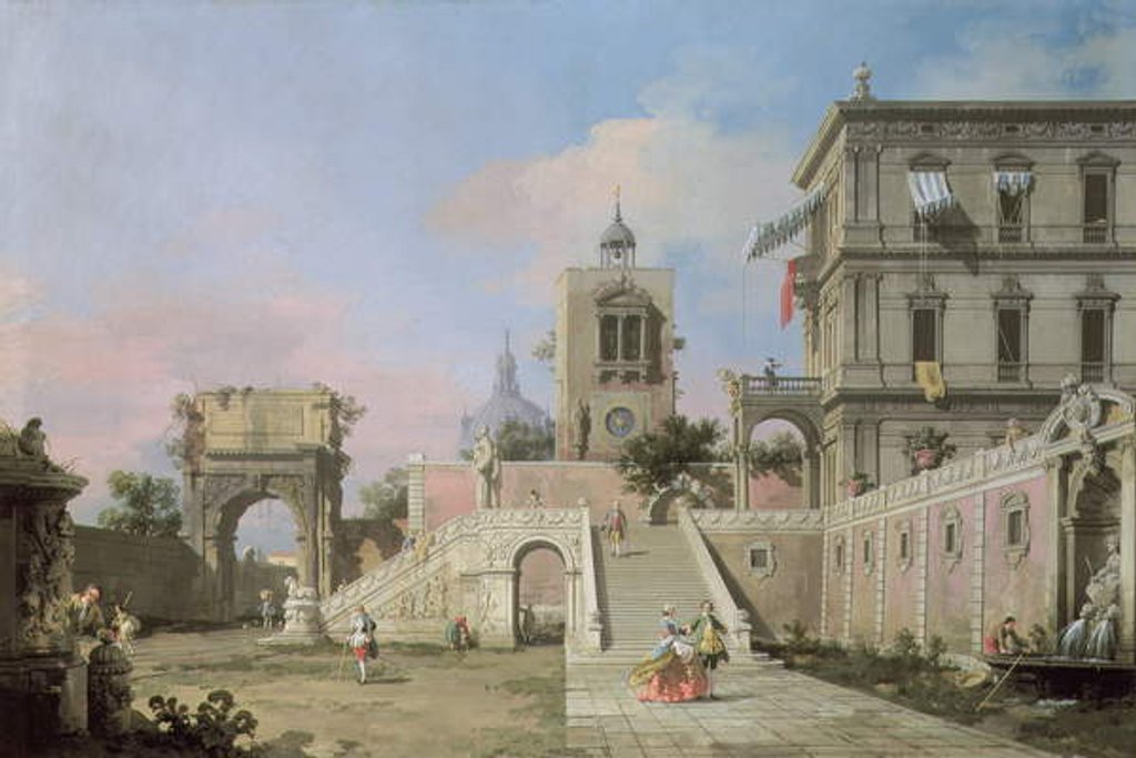 Detail of Capriccio of twin flights of steps leading to a palazzo, c.1750 by Canaletto