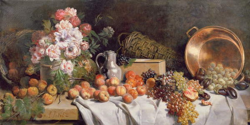 Detail of Still life with flowers and fruit on a table by Alfred Petit