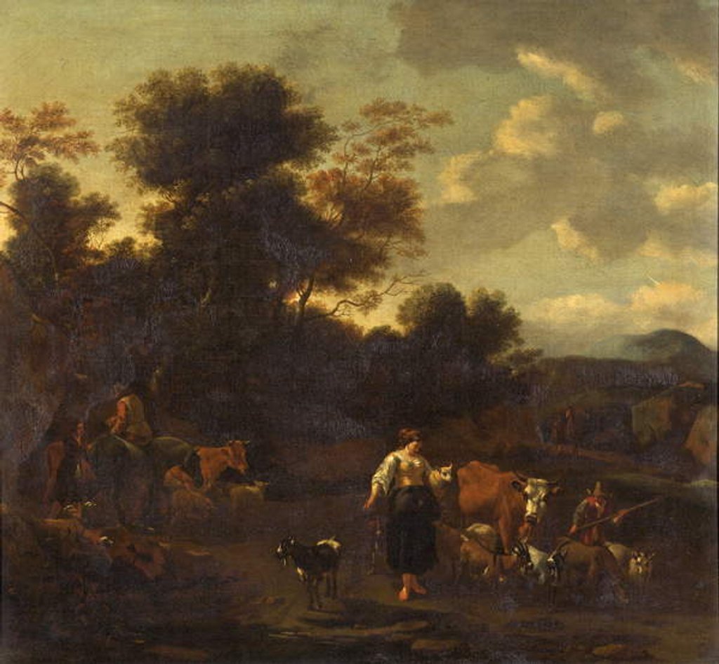 Detail of Landscape with figures and animals by Nicolaes Pietersz. Berchem