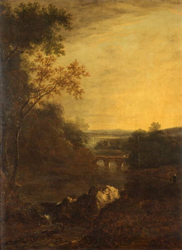 Detail of Landscape with bridge and winding river by Benjamin Barker