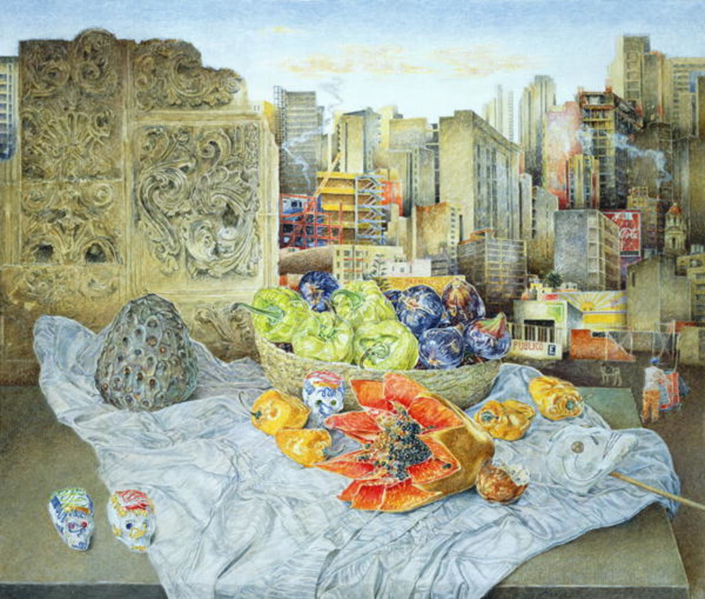 Detail of Still Life with Papaya and Cityscape, 2000 by James Reeve