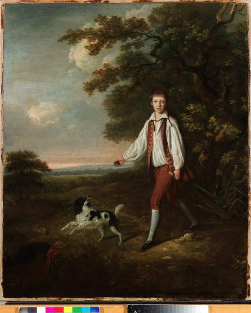 Detail of Portrait of a youth holding a cricket bat and ball with his pet black and white springer spaniel in a clearing by a wooded landscape by Hugh Barron