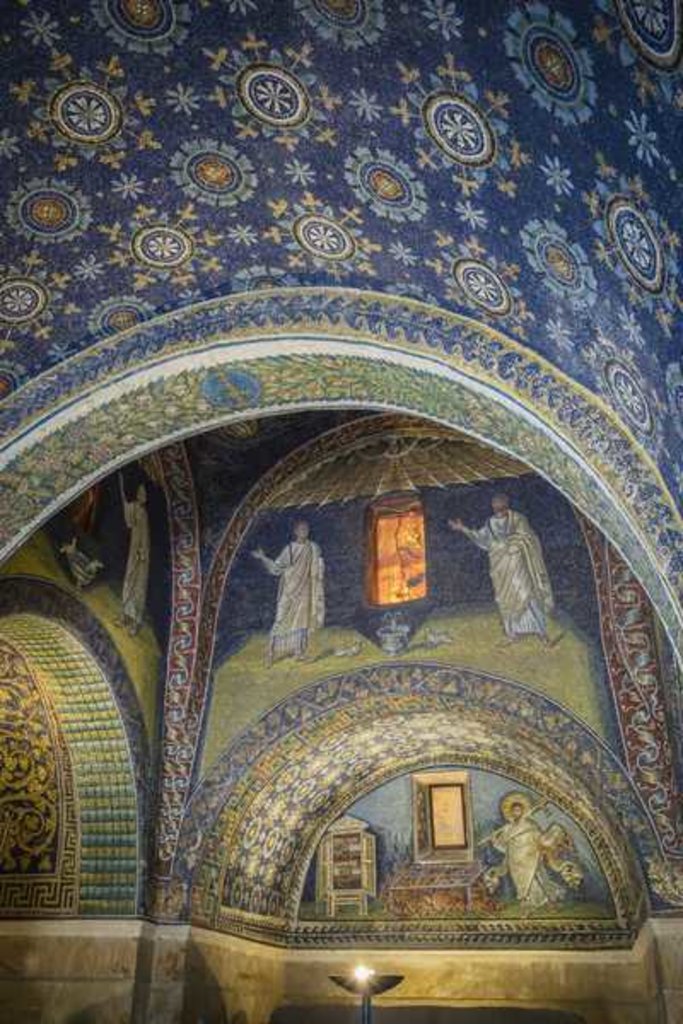 Detail of Interior of the 5th century mausoleum, Mausoleo di Galla Placidia: Mosaic of The Good Shepherd, Ravenna, Ravenna Province, Italy by Anonymous